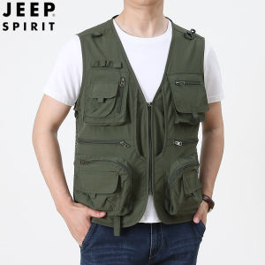 JEEP SPIRIT เสื้อแจ็กเก็ตเสื้อกั๊กของผู้ชายชุดแนวยุทธวิธีกลางแจ้งผ้าตาข่ายมีหลายกระเป๋าสำหรับตกปลา