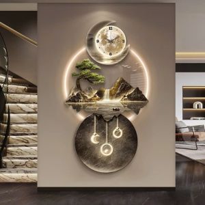 Tranh đồng hồ đèn led núi non hùng vĩ 5 trang trí phòng khách quà tân gia kèm đinh treo