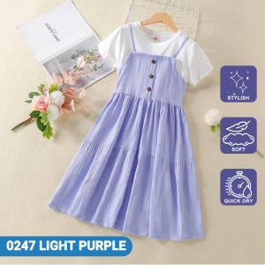 4-15Y Girls long dress fake two piece korean style summer girl short sleeve skirt budak perempuan dress panjang sopan children dress