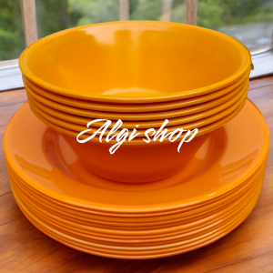 12Pcs Piring seat Mangkuk isi 6piring makan bulat campur 6mangkuk besar 17cm cekung plstik mika