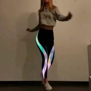 FEELCOOLSPORT Women Stripe Leggings High Waist Reflective Laser Side Slim Slimming Breathable Yoga Pants Fitness Running Glow