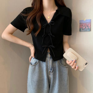 ⚡port⚡ blouses women new style 2025 Summer Turn-down Collar Short Sleeved T-shirt Women Niche Irregular T-shirt Bow Short Top