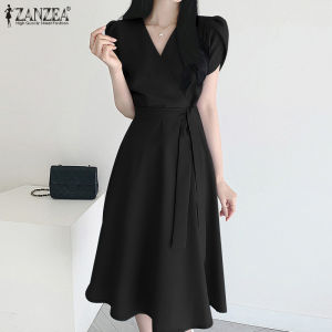 Esolo ZANZEA Korean Style Womens Puff Short Sleeve V Neck Plain Evening Cocktail Fashion Swing Maxi DressKRS #11