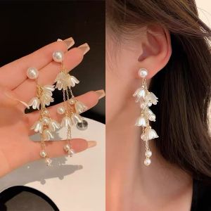 GL 18k gold Fashion Sweet and elegant flower pearl long tassel style earrings ES69142