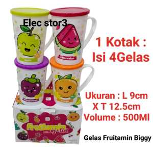 GELAS MUG FRUITAMIN / GELAS MOTIF SET / GELAS Minuman SET TUTUP / GELAS ANAK LUCU BIGGY ISI 4PCS