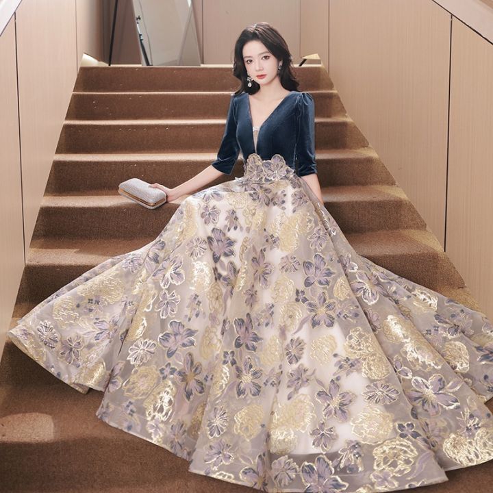 2025 New Annual Dinner Gown Blue Choral Performance Maxi Long