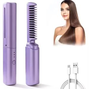 Portable Hair Straightening Comb 2-in-1 Upgraded Cordless Hair Straightener and Curler USB Charging (Double Tap to Start)