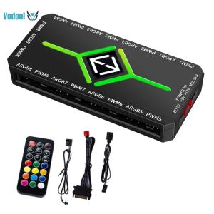 1 To 9 Ports 3 in 1 PWM Fan Hub with Remote ARGB Fan HUB Splitter SATA Power Supply for 5V Addressable ARGB Computer PC Case Fan [Vodool Official Center]