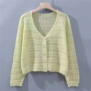 DOWNA Hollow Out Knitted Cardigan V-Neck Thin Sun-Proof Tops Fashion Long Sleeve Outwear Women