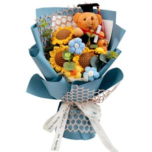 HOUCHU Plush Animal Little Bear Doll Bouquet Sunflower Handcrafted Graduation Bear Plush Toy Desk Ornament 30cm Simulated Bear Doll Bouquet Girl Birthday Gift