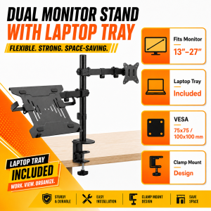 UNA Double Monitor Arm Stand and Riser Desk Mount Heavy Duty Gas Spring Adjustable Clamp for Two PC Screens or Laptops Sturdy Space Saving Workstation Organizer