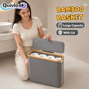 Toilet Paper Basket Bamboo Weave Storage Bin With Lid Foldable Roll Holder Bathroom Organizer Home