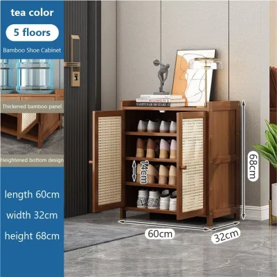 Bamboo Shoe Cabinet With Rattan Door 7 Layers Shoe Rack Organizer Indoor Dustproof Formaldehyde-Free