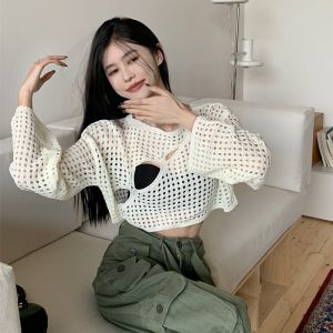 QJshop 🚚เสื้อโคเชแต่งแหวก 3 รูที่หน้าอก เสื้อถักไหมพรม แขนยาวทรงครอป สีพื้นแมทช์ง่าย แมทช์กับสายเดี่ยวคือเก๋มาก เสื้อไหมพรมซีทรู 🤩