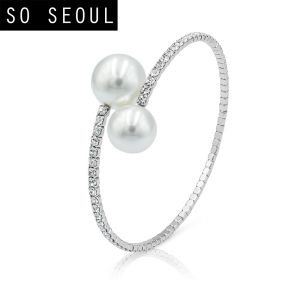 SO SEOUL Quinn Pearl Bracelet – Spiral Adjustable Cuff with Austrian Crystals in Pink or White