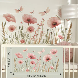 Pink Wildflower Wall Sticker | Peel & Stick Floral Wall Decals with Dragonflies | Waterproof | Local Stock | Fast 2-Day Delivery