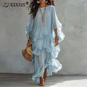 Vintage Solid Tiered Ruffle Mesh Dress Women Crew Neck Loose Batwing Sleeve Sheer Maxi Dress Elegant Holiday Travel Casual Dress2026