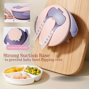 WELOVEBB Baby Feeding Anti Slip Suction Bowl with Fork Spoon Divided Plate Lid Cover Bekas Makan Pinggan Suku Diet Bayi