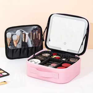 [SG Ready Stock] Makeup Bag with Mirror Led Light Cosmetic Bag Travel Storage Box 3color adjustable LED light Portable Bag