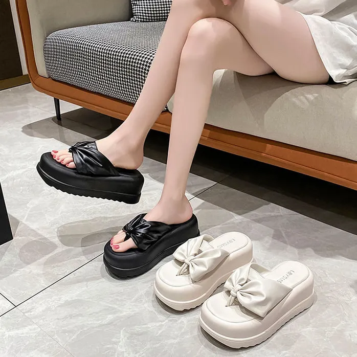 Women Pu Wedge Sandals Flip-flops Slippers T-shaped Summer Beach Sliders  Shoes
