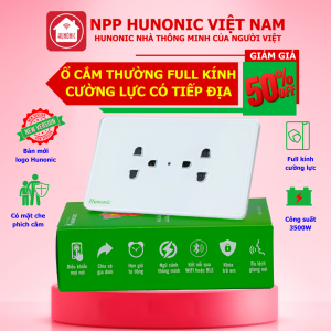 Ổ Cắm Hunonic Chữ Nhật  Âm Tường Viền Vàng Mặt Kính Cường Lực 2 Ổ Cắm Có Tiếp Địa