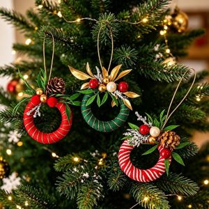 DECALE Plush Christmas Wreath Pendant Handmade with Bell Christmas Wreath Ornament Merry Christmas with Pinecone Mini Christmas Wreath Christmas Tree