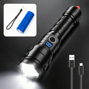 Heavy Duty Tactical LED Flashlight 1300LM Zoomable Camping Torch Light Portable with LCD Battery Display Tungsten Steel Hammer for Night Patrol Work