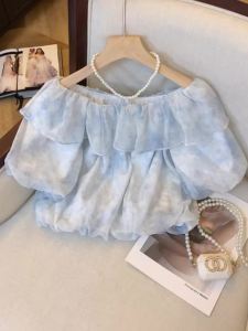 AMMIN เสื้อยืดหยุ่นรอบคอแต่งระบายสำหรับผู้หญิงเสื้อชีฟองแขนแขนสั้นทรงโคมไฟหวานแบบสั้นฤดูร้อน2024