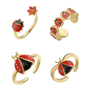 Six Dot Ladybugs Adjustable Ring Size Vibrant Hand Painted Enamel Decoration Lightweight Copper Fashion Ring