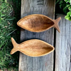 ถาดไม้ ถาดไม้วางอาหาร มินิมอล ใส่อาหาร ใส่ของ รูปปลา 29x12x3.5cm งานทำมือ ตกแต่งบ้าน ไม้จามจุรี ถ้วยไม้ ถาดใส่ของ แกะสลัก Decorative Fish wooden tray
