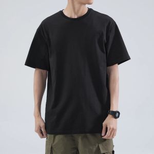 เสื้อยืดผู้ชายสไตล์ Casual คอเหลี่ยม แขนสั้น ผ้าฝ้าย 100% สีดำ แฟชั่นสปอร์ตแอนด์สตรีท