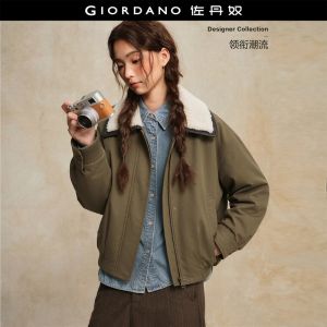 GIORDANO Women Jackets Faux Shearling Collar Padded Jackets Gathered Hem Fashionable Casual Loose Jackets 18376909