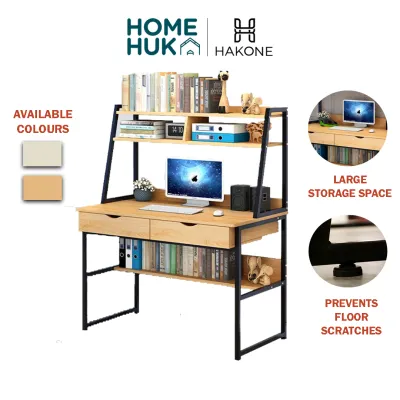 HAKONE Study Writing Table Laptop Computer PC Table Storage With 2 Drawers and 3-compartents Shelves (Beechwood)