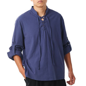 Medieval Henley Mens Shirt Lace-Up V neck T Shirt Adjustable Sleeve Stand Men Viking Pirate Shirt