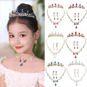 NEEUJ โลหะผสม ชุดมงกุฎเด็ก ดอกไม้ เงางาม สร้อยคอและต่างหูประดับคริสตัล สง่างาม หยดกลม จิวเวลรี่หรูหรา ผู้หญิง