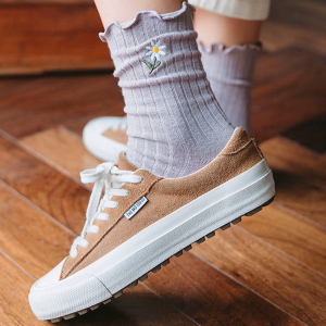 Women Girls Daisy Floral Embroidery Ankle Socks Ruffles Ribbed Mid Tube Hosiery