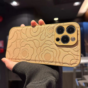 CrashStar Camellia Flower Leather Silicone Soft Shockproof Phone Case For iPhone 17 16 15 14 Pro Max Plus 13 12 11 Pro Max XR Luxury Retro Phone Cover Fashion Embossed Phone Casing Skin