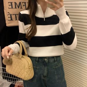 BL20755 Biggy Stripes Zip Highneck Knit Blouse