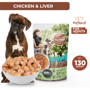 PetMarra Chunks in Gravy Adult Dog Wet Food Pouch Chicken and Liver Flavor 130g Ages 1 Year and Above dogs pets foods