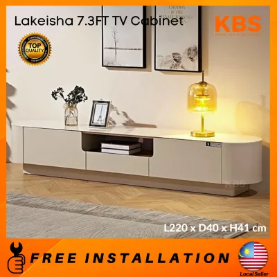 (FREE Installation+Shipping) KBS Lakeisha 7.3FT Oval Shape TV Cabinet / Glass Top / 2Doors + 1Drawer / Beige Color / Minimalist / L220 x D40 x H41 cm
