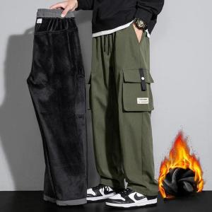 2026 Cargo Pants Men Straight Fit Wide Leg Fleece Lined Trouser Male Winter Fashion Loose Baggy Large Plus Size Warm Streetwear2026