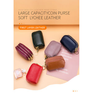 Novco Genuine Leather Women Card Holder Coin Purse Triple Zip Key Holder Change Pouch Purse Mini Pocket Zipper Popular Small Money Bag Wallet High-capacity