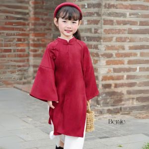 Áo dài tết áo dài cách tân cho bé trai bé gái màu đỏ kèm mấn mặc đôi 1 đến 7 tuổi BERNIE H0924B08