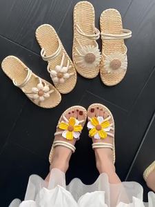 [Free Shipping] New Fashion Floral Womens Shoes Summer Woven Slippers Ethnic Style Roman Shoes Beach Flip-Flops Two-Way Wear Sandals