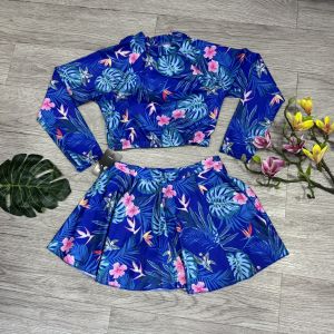 Bikini đồ bơi nữ đi biển 2 mảnh áo croptop dài tay kèm mút mỏng quần đùi váy size đến 65 kg chất liệu thun lạnh BINSPORTS BHV203