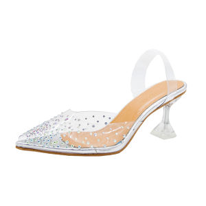 [Free Shipping] Plus-Size Transparent High-Heeled Sandals For Women Summer Outdoor Wear High-Heeled Strappy Shoes With Rhinestones Peep-Toe Shoes Fine Crystal Shoes Wedge Heel