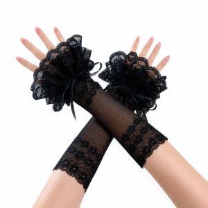NOCASE Elastic Band Womens Fingerless Gloves Ruffled Lace Ribbon Tie Lace Arm Sleeves Elegant Lolita Style Wrist Cuffs Cosplay Use