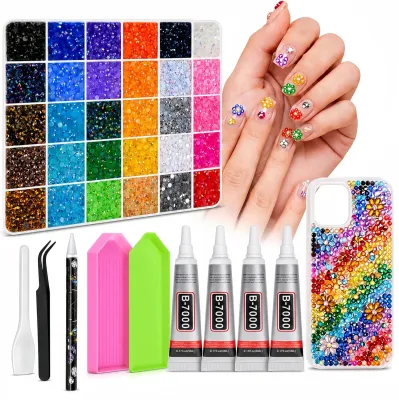 36000Pcs Rhinestones Bedazzling Kit 30 Colors 3mm Flatback Resin Bedazzler Gems with 4Pcs 10ml B7000 Jewelry Glue for Bedazzled Thing Diamond Art Book Crafting Nail Kit