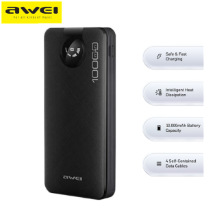 Awei P133K 10000mAh Built-in 4-Self Contained Cables Micro/Lightning/Type-C LED Power Display Fast Charging Power Bank