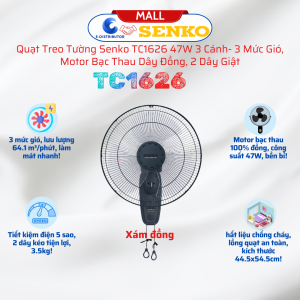 Quạt Treo Tường 3 Cánh 2 Dây Giựt Senko TC1626 - Công Suất 47w - Hàng Chính Hãng - Bảo Hành 24 Tháng
